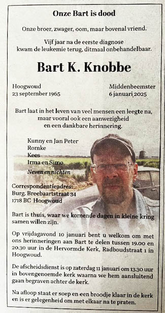 Dorpsraadslid Bart Knobbe overleden.